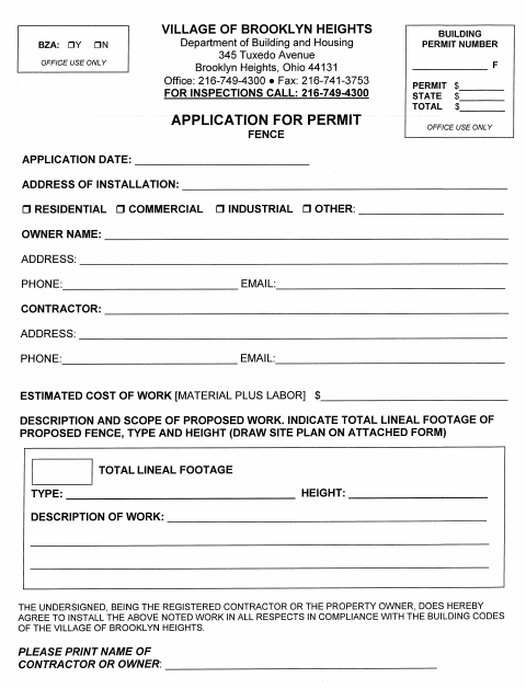 First page of the Fence Permit Application