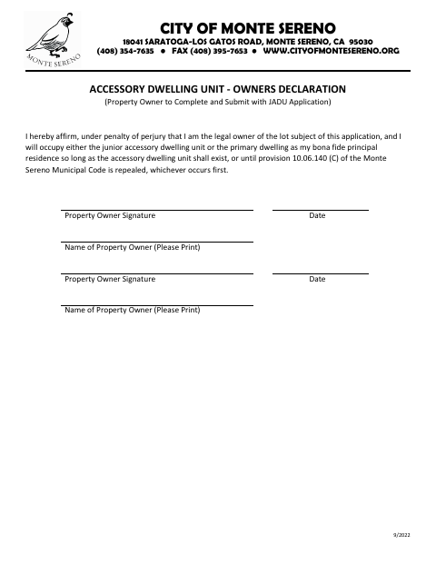 First page of the Accessory Dwelling Unit Owners Declaration