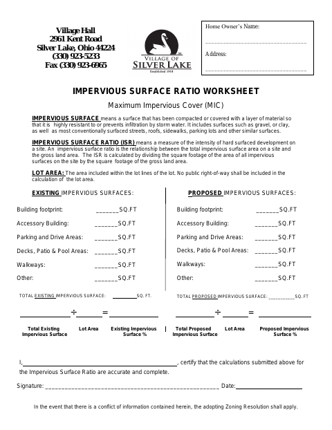 First page of the Impervious Surface Ratio Worksheet