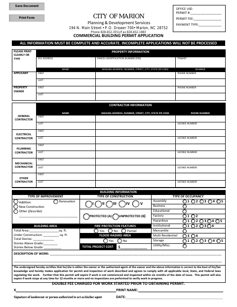 First page of the Commercial Building Permit Application