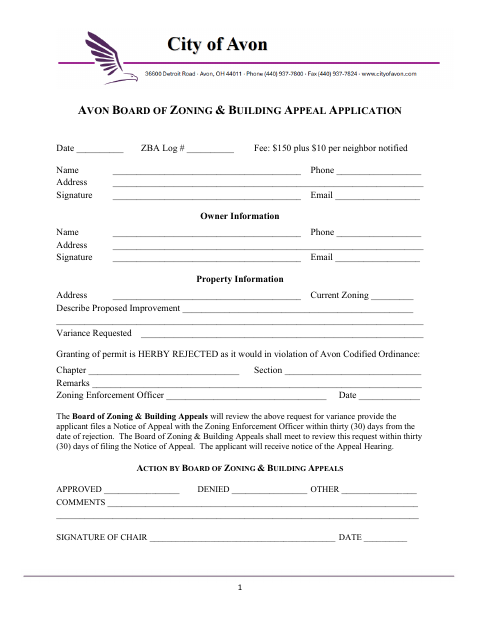 First page of the Board of Zoning & Building Appeal Application