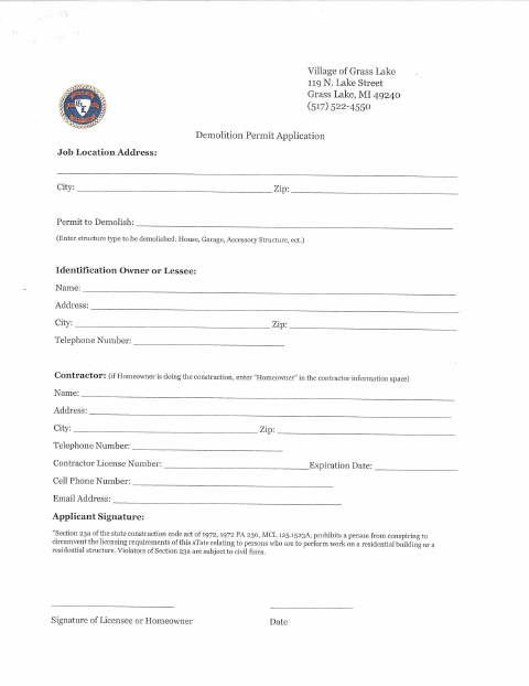 First page of the Demolition Permit Application and Checklist