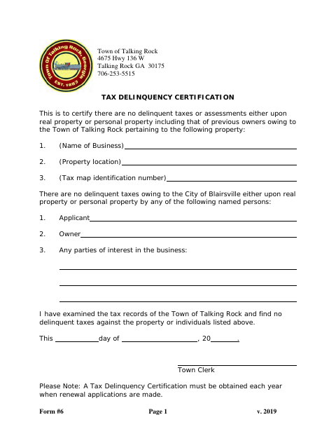 First page of the Tax Delinquency Certification