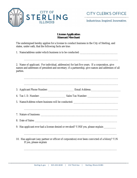 First page of the Itinerant Merchant License Application