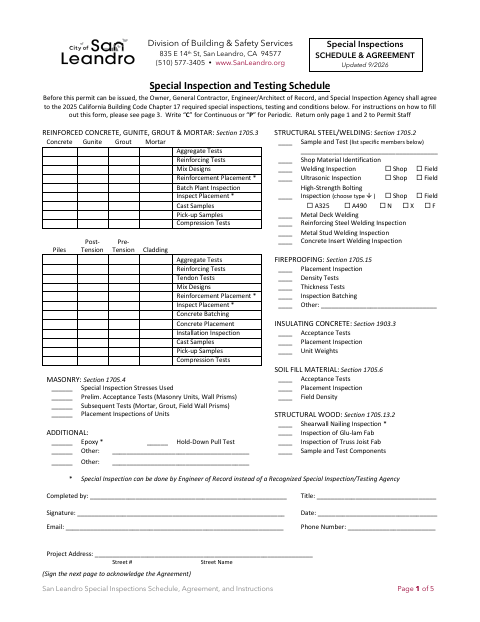 First page of the Special Inspections Schedule, Agreement, and Instructions
