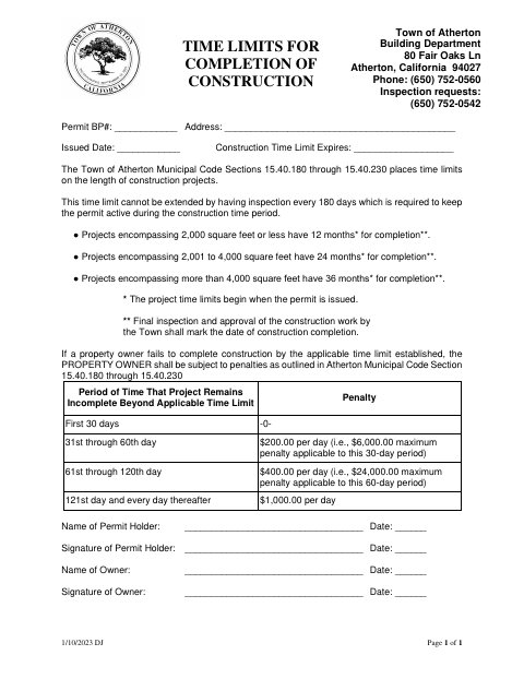 First page of the Time Limits for the Completion of Construction