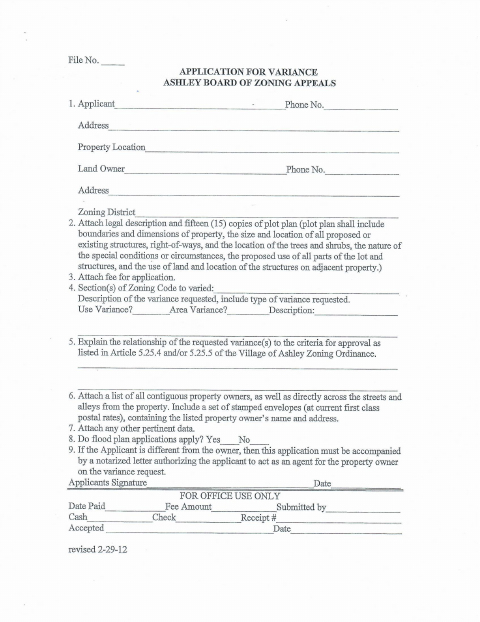 First page of the Application for Variance