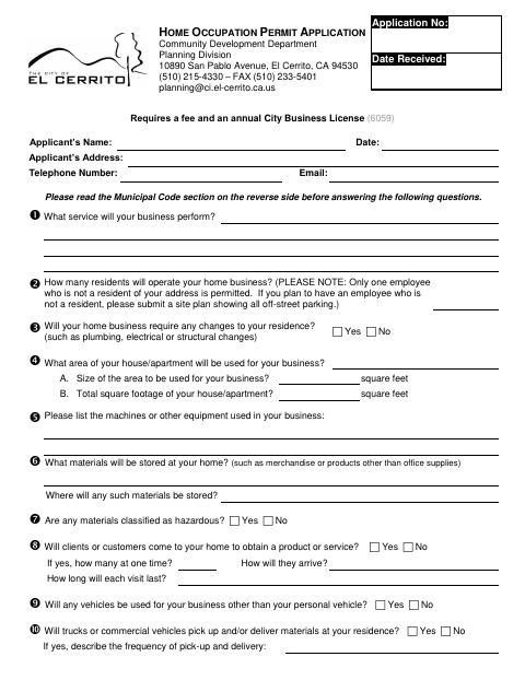 First page of the Home Occupation Permit Application
