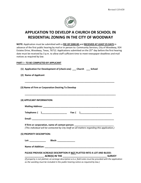 First page of the Application to Develop a Church or School in Residential Zoning