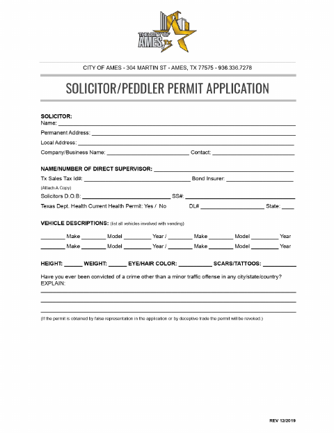 First page of the Solicitor/Peddler Permit Application