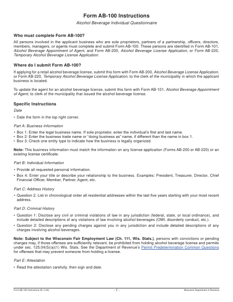 First page of the Alcohol Beverage Individual Questionnaire