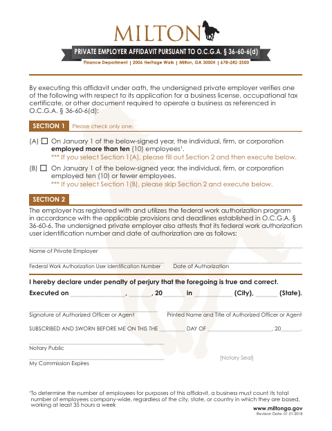 First page of the Private Employer Affidavit (E-Verify)