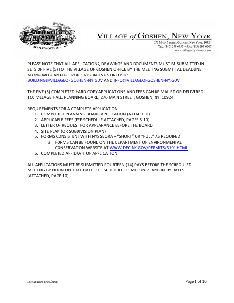 First page of the Planning Board Application