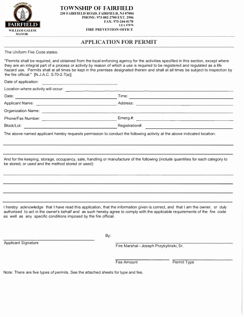 First page of the Fire Prevention Permit Application