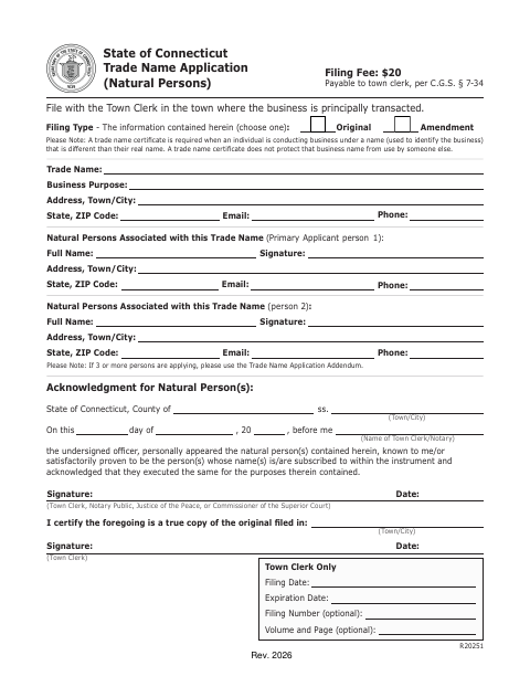 First page of the Trade Name Application (Natural Persons)