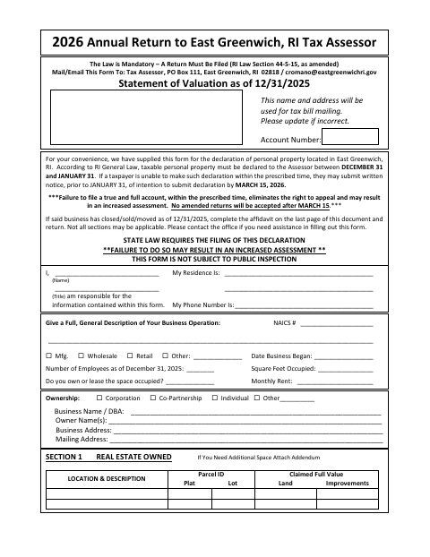 First page of the Business Personal Property Annual Return