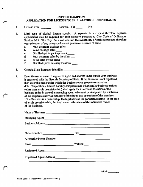 First page of the Application For License To Sell Alcoholic Beverages