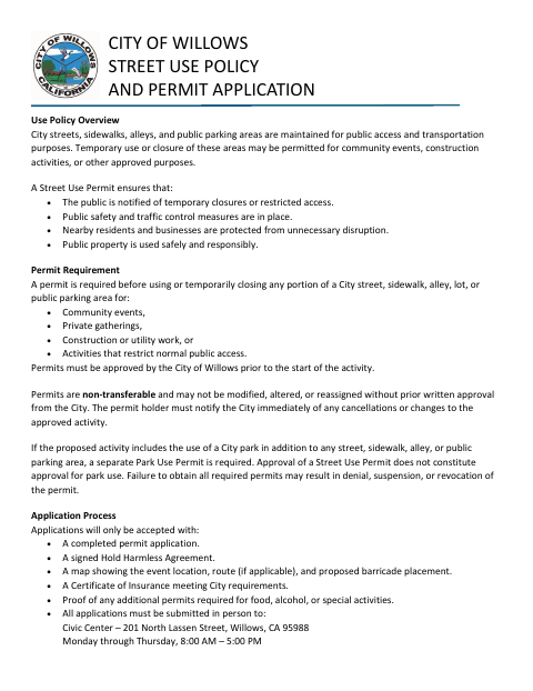 First page of the Street Use Policy And Permit Application