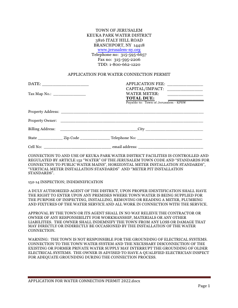 First page of the Water Connection Permit Application
