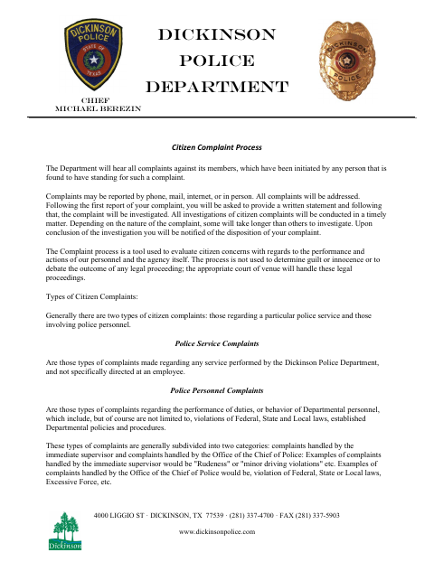First page of the Police Citizen Complaint Form