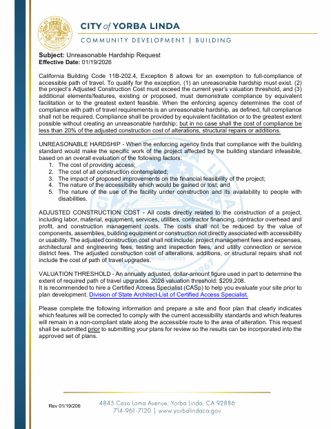 First page of the Unreasonable Hardship Request