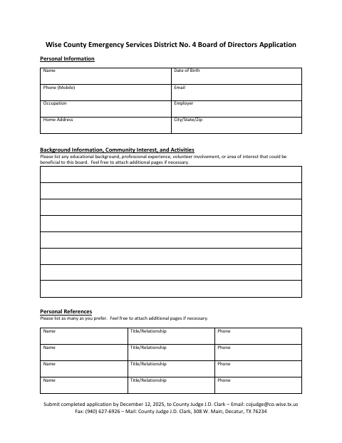 First page of the Emergency Services District No. 4 Board of Directors Application