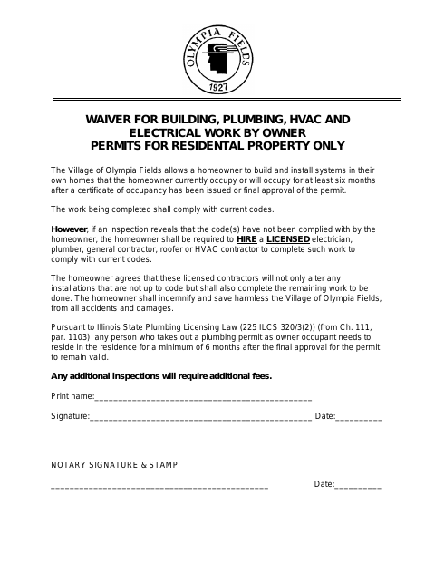 First page of the Owner-Builder Building Permit Waiver