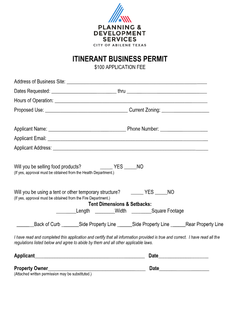 First page of the Itinerant Business Permit Application