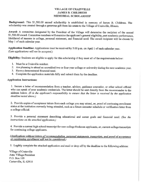 First page of the James B. Childress Memorial Scholarship Application