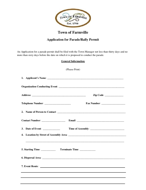 First page of the Application for Parade/Rally Permit