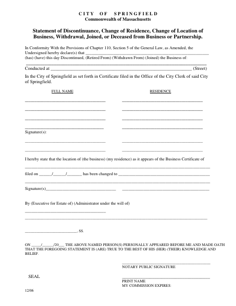 First page of the Business Certificate Discontinuance Statement