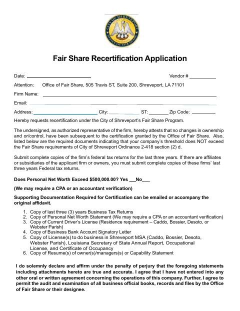 First page of the Fair Share Recertification Application