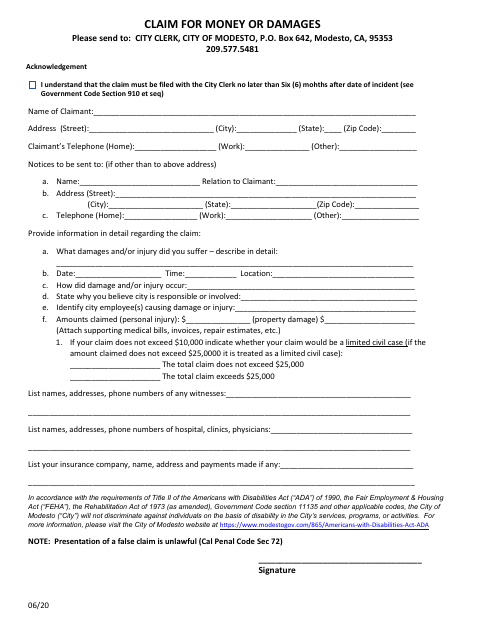 First page of the Claim for Money or Damages