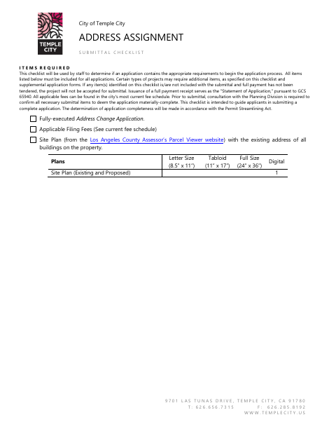 First page of the Address Assignment Submittal Checklist
