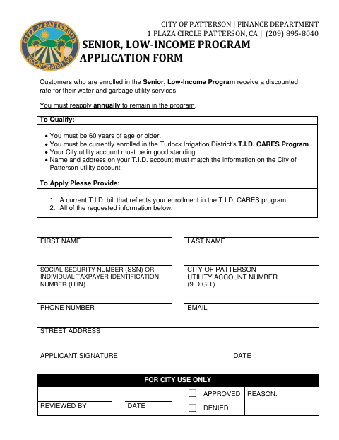 First page of the Senior, Low-Income Program Application Form