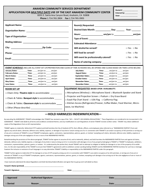 First page of the Application for Multiple Date Use of the East Anaheim Community Center