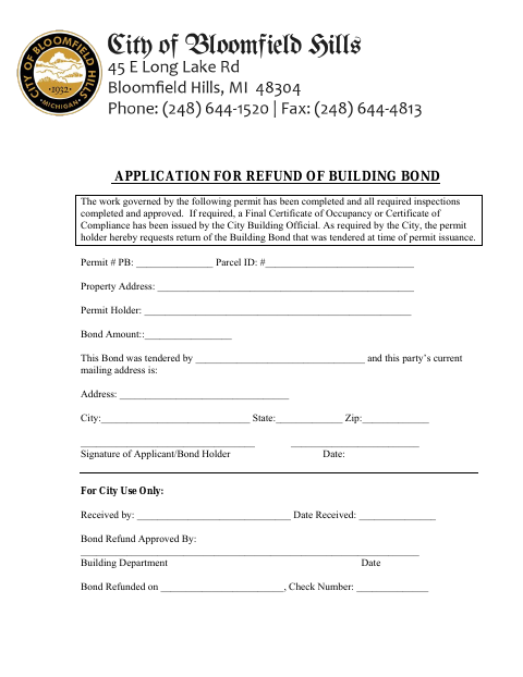 First page of the Application for Refund of Building Bond