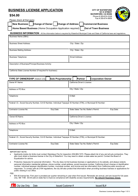 First page of the Business License Application