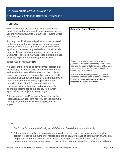 First page of the SB 330 Preliminary Application Form Template