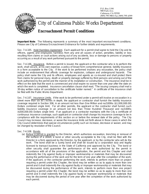 First page of the Encroachment Permit Application