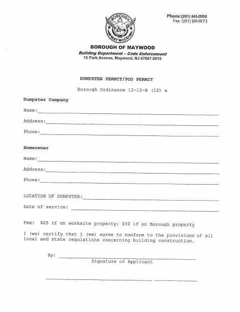 First page of the Dumpster Permit/POD Permit Application
