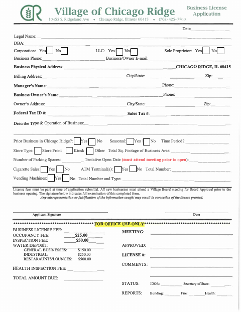 First page of the General Business License Application