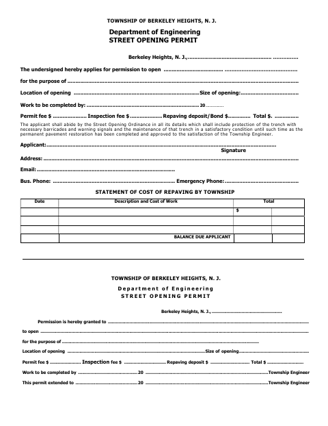 First page of the Street Opening Permit