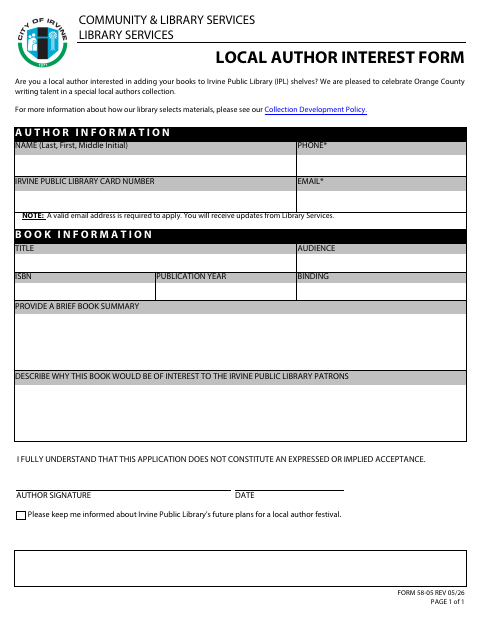 First page of the Local Author Interest Form