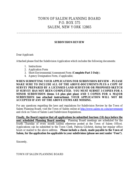 First page of the Subdivision Application