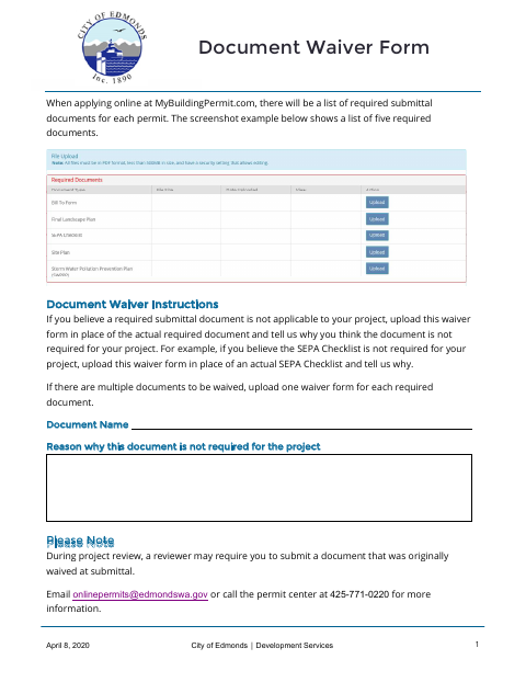 First page of the Document Waiver Form