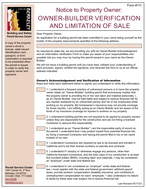 First page of the Owner-Builder Verification and Limitation of Sale