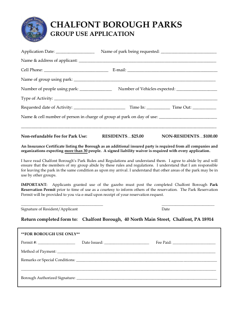 First page of the Parks Group Use Application