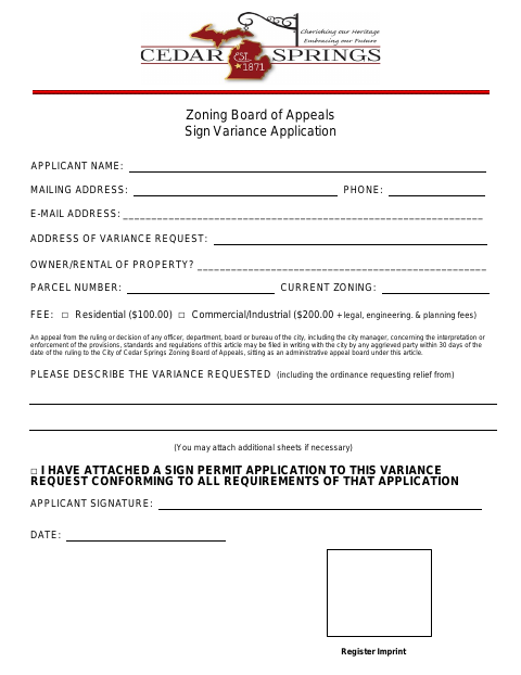 First page of the Zoning Board of Appeals Sign Variance Application