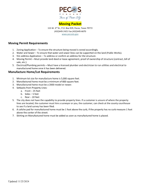 First page of the Moving Permit Manufactured Home Packet